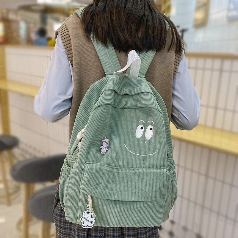 swvws New Female Kawaii Corduroy Laptop College Backpack Trendy Girl Green Cool Cute Bag Fashion Women School Bag Lady Travel Backpack