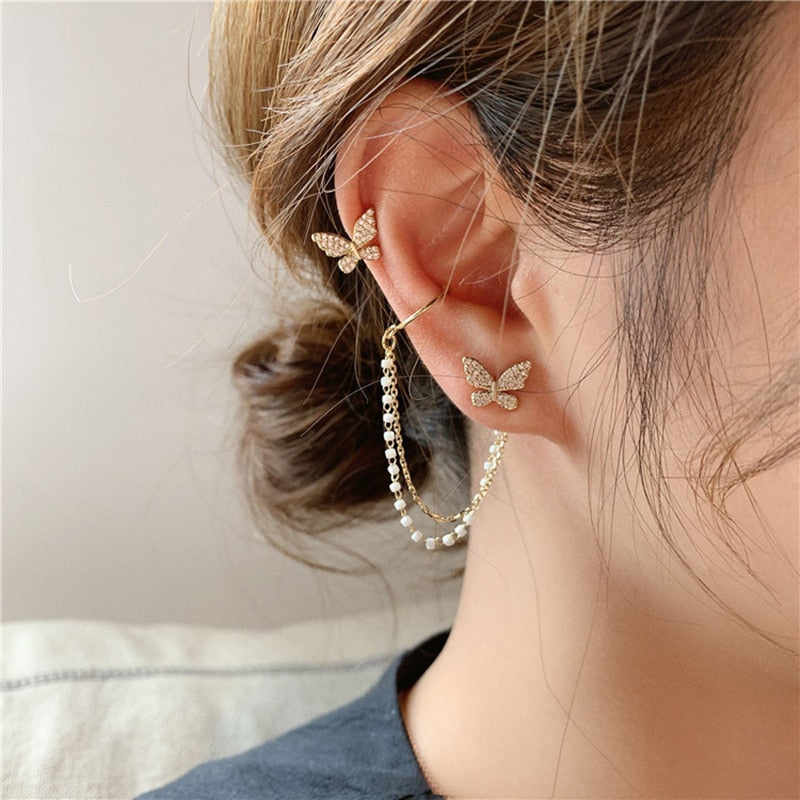 swvws Trend  New Animal Birds Tassel Women Earrings Clip Ear Cuff Silver Color Stars No Pierced Ear Hook Long Chain Earing Jewelry