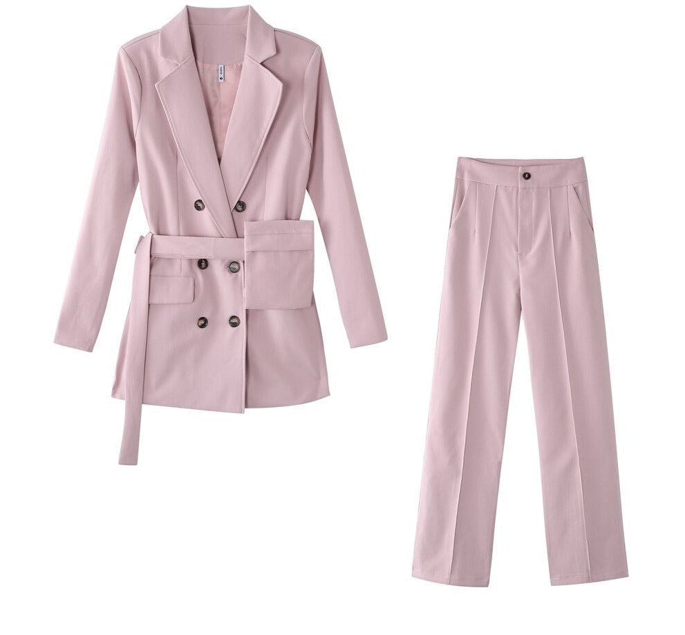 swvws Women Office Pant Suit Double Breasted Full Sleeve Blazers Jacket+Wide Leg Pant Two Pieces Set Lady Outfits Work Clothes