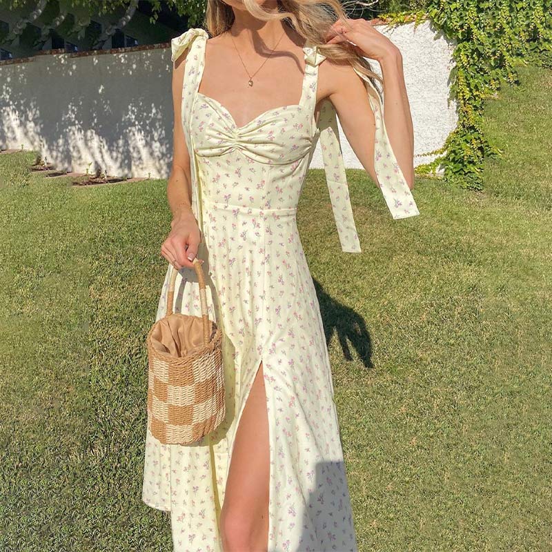 swvws Floral Print Shouders Knotted Dress Women Fine Brides Sexy Split High Waist Long Dresses Female  Summer Sweet Lady Clothes