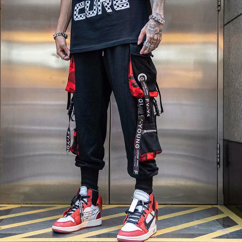 swvws Mens Vintage Hip Hop Style Baggy Jeans Joggers Cargo Pants For Men Casual Hip Hop Hit Color Pocket Male Trousers Sweatpants Streetwear Ribbons Techwear Pants