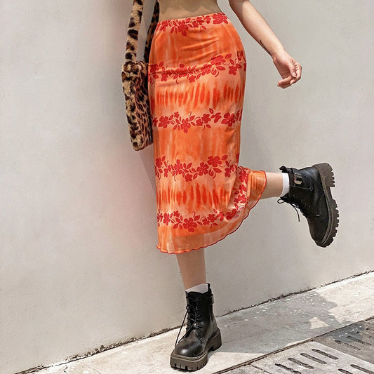 swvws   New Floral Printed Skirts Y2k Orange Fairy Grunge Long Skirts Women Vintage Cute Skirts  Summer Skirts Fashion Holiday Skirt