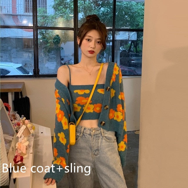 swvws Flower Print Cropped Cardigan Women Korean Fashion Casual Blue Sweater Single-Breasted Long Sleeven Tops + Knit Vest 2 Pcs Set