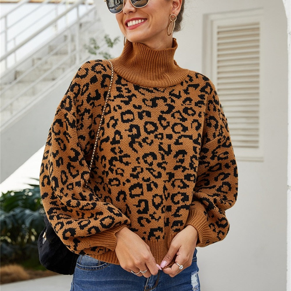 swvws Ladies Leopard Autumn Winter Women Sweater Turtleneck Casual Jumper Knitted Pullover Women Sweaters Top Female Pull Knitwear