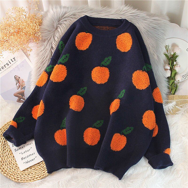 swvws Sweaters Women Printted Pullovers Apple Pattern Long Sleeve Oversize Jumper Turtleneck Knitted Tops Winter Casual Loose Sweater