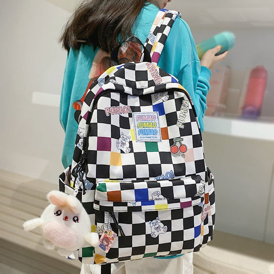 Fashion New Lady Lattice Travel Cartoon Bag Female Plaid Cute College Backpack Trendy Women Bag Girl Cool Kawaii Laptop Backpack