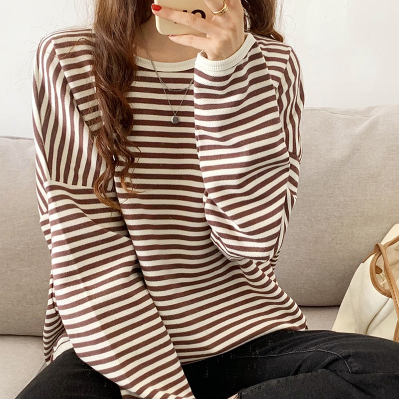 swvws Loose Striped Tshirt Women Cotton Long Sleeve Tops T-Shirt Casual Korean Fashion O-Neck Tee Shirt Femme  New Autumn Female