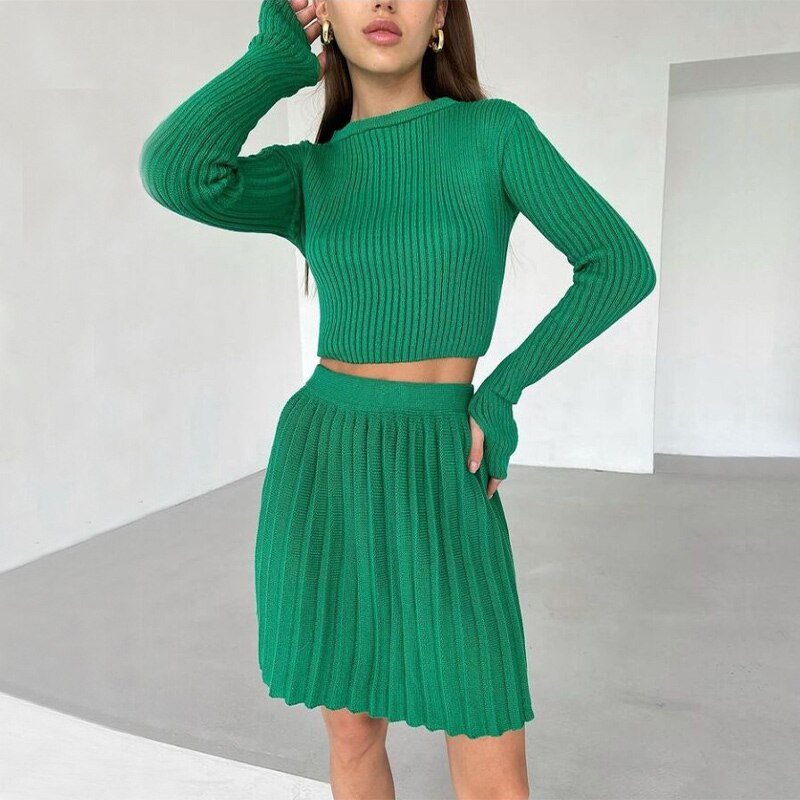 swvws Knit Women's Pleated Skirt Slim Pullovers Set  Autumn Buttons Long Sleeve Knitwear Mini Skirt Sets Ladies Party Tops Suits