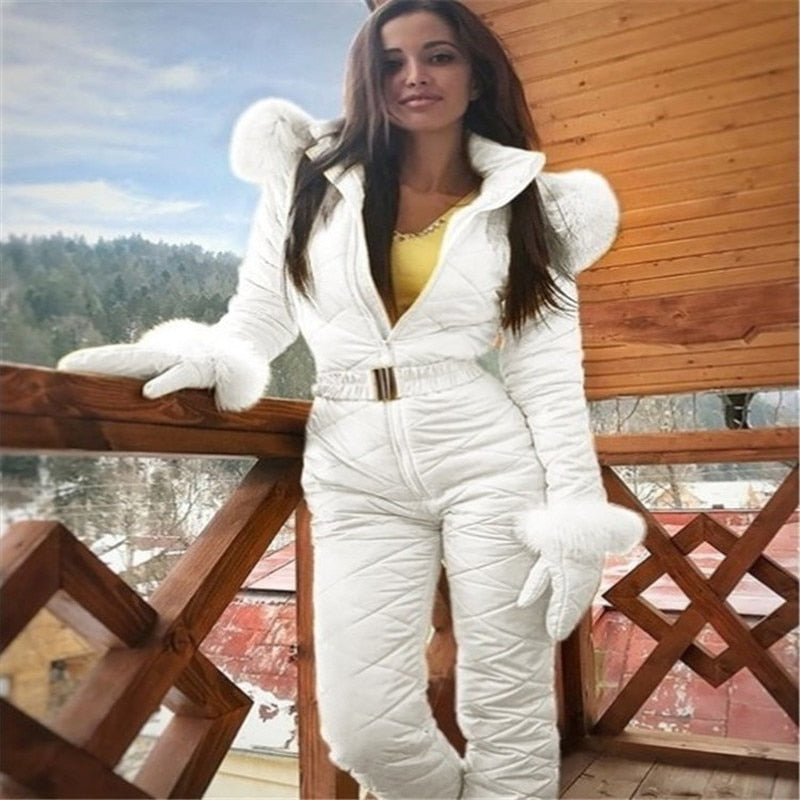 swvws One-Piece Ski Suit Women Snow Coveralls Mountain Ski Fleece Jumpsuit Super Warm Winter Ski Jacket Pants Breathable Snow Suit