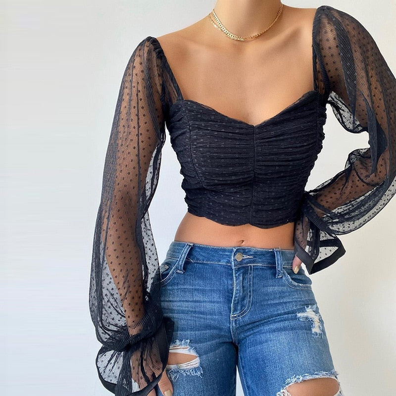 swvws Sexy Polka Dots Crop Tops Women Low Cut Backless See Through Short Chiffon Mesh T Shirt Female Club Party Elegant Tees