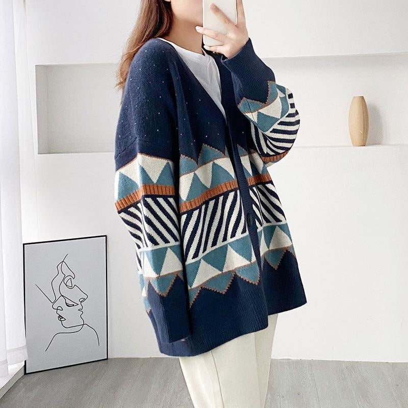 swvws  Jacquard Knitted Cardigan Lazy Style Loose Outer Jacket V-Neck Jumper Button-Up All-Match Female Loose Top Autumn Winter