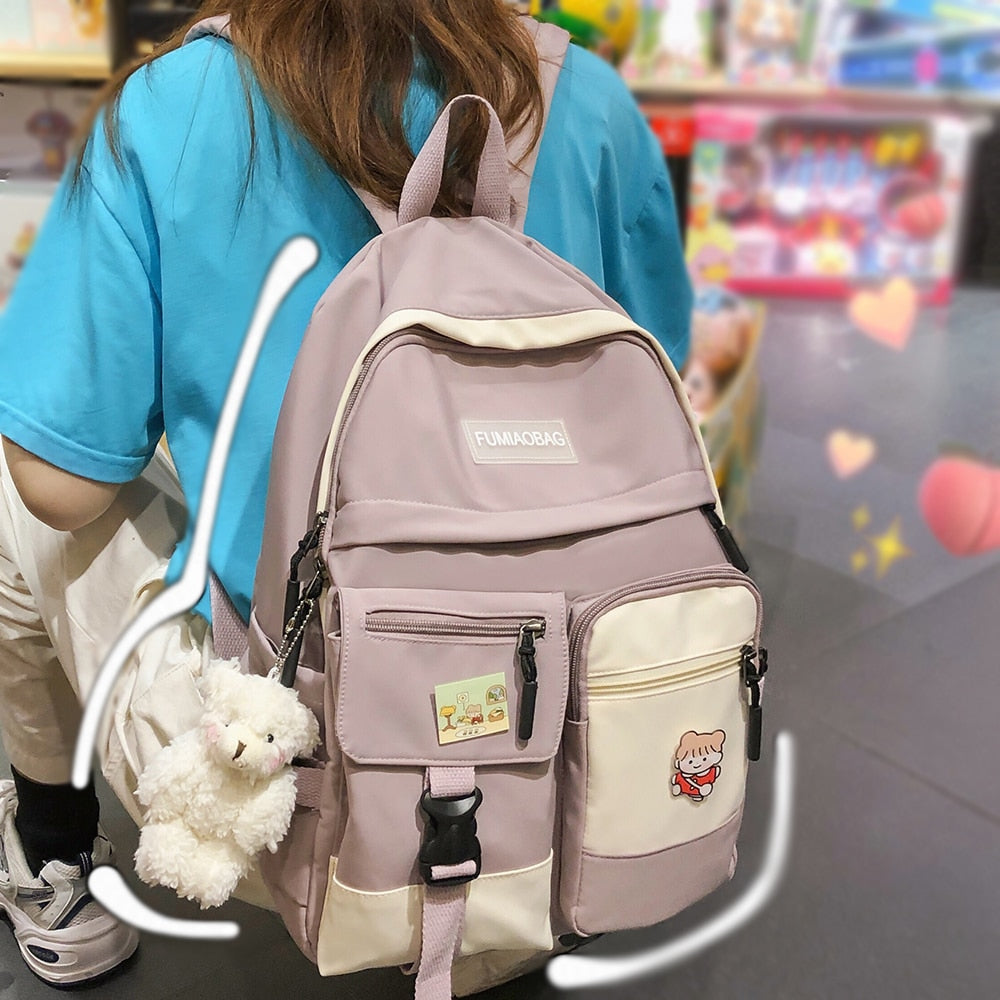 swvws College Student Women Harajuku Backpack Cute Badge School Bag Book Lady Kawaii Backpack Nylon Girl Trendy Fashion Bag Female New