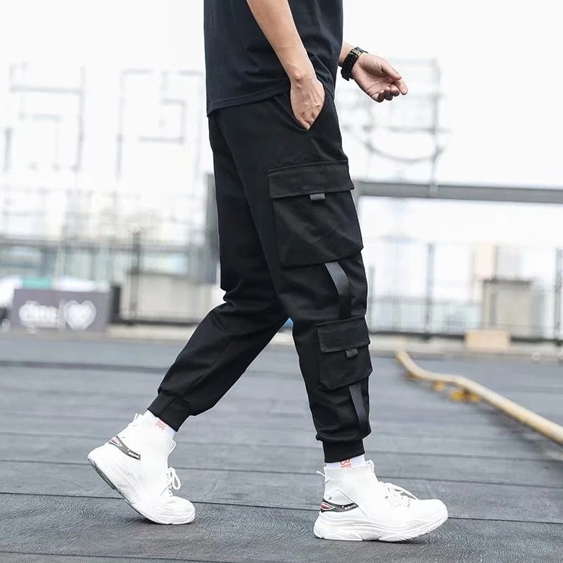 swvws Mens Vintage Hip Hop Style Baggy Jeans Men's Side Pockets Cargo Harem Pants Ribbons Black Hip Hop Casual Male Joggers Trousers Fashion Casual Streetwear Pants 5XL