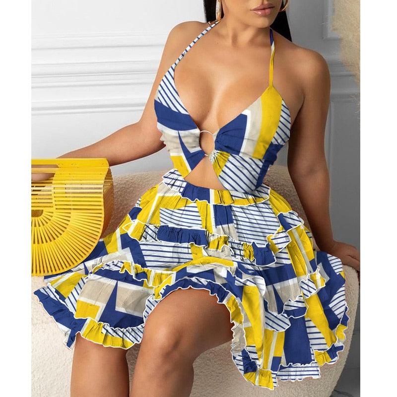 swvws Fashion Women Sexy Backless Halter Geo Print Mini Dress Beach Dresses O-Ring Cut-Out Backless Frill Hem Summer Short Dresses