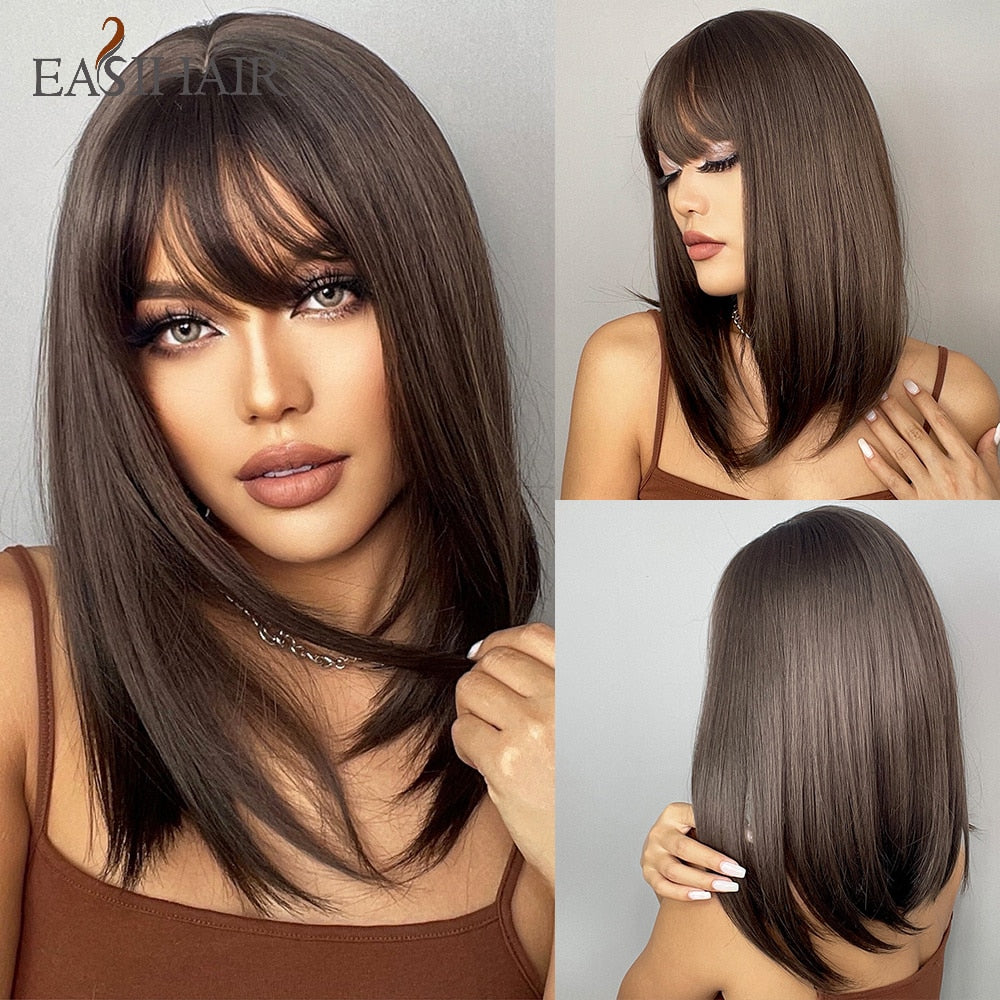 swvws  Short Straight Bob Wigs With Bang Golden Brown Natural Synthetic Hair For Women Daily Cosplay Heat Resistant Fiber Wigs