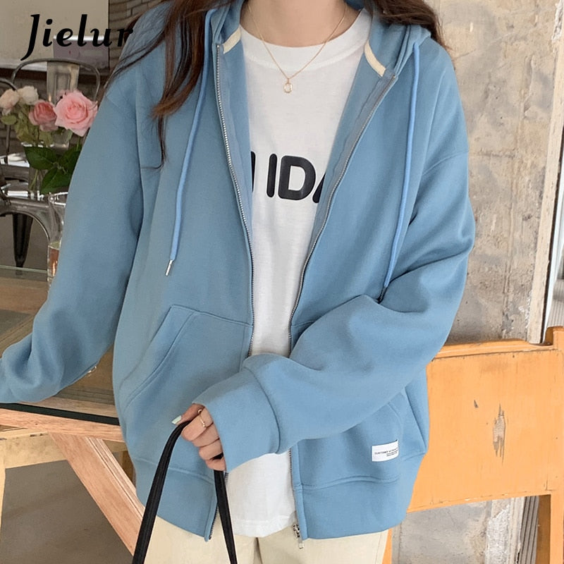 swvws Autumn Chic Zip-Up Hoodies Female Casual Street Loose Thin Blue Gray Apricot Sweatshirt Pocket Hooded Women Cardigans