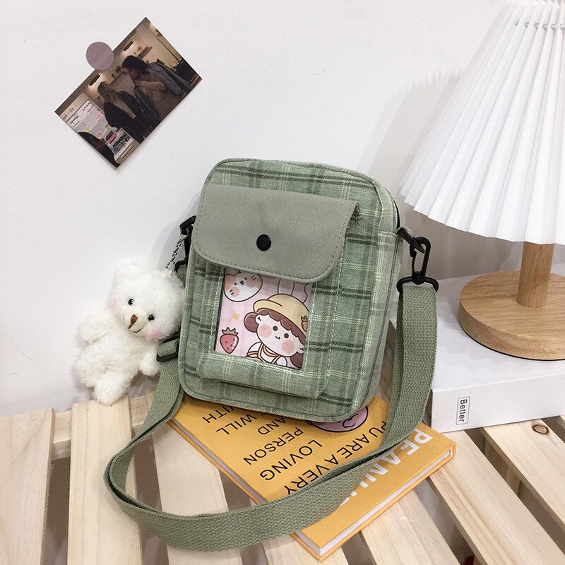 swvws  Japanese Lovely Small Bag Women Plaid Flap New Crossbody Bags Girls Nylon Shoulder Bag Bolsa Feminina Transparent Pocket Bags