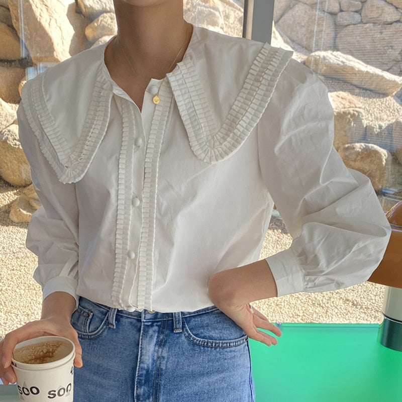 swvws Vintage Puff Long Sleeve Women's White Shirt Turn-Down Collar Loose Woman Blouses Tops Spring New OL Office Shirt Blusas 13792