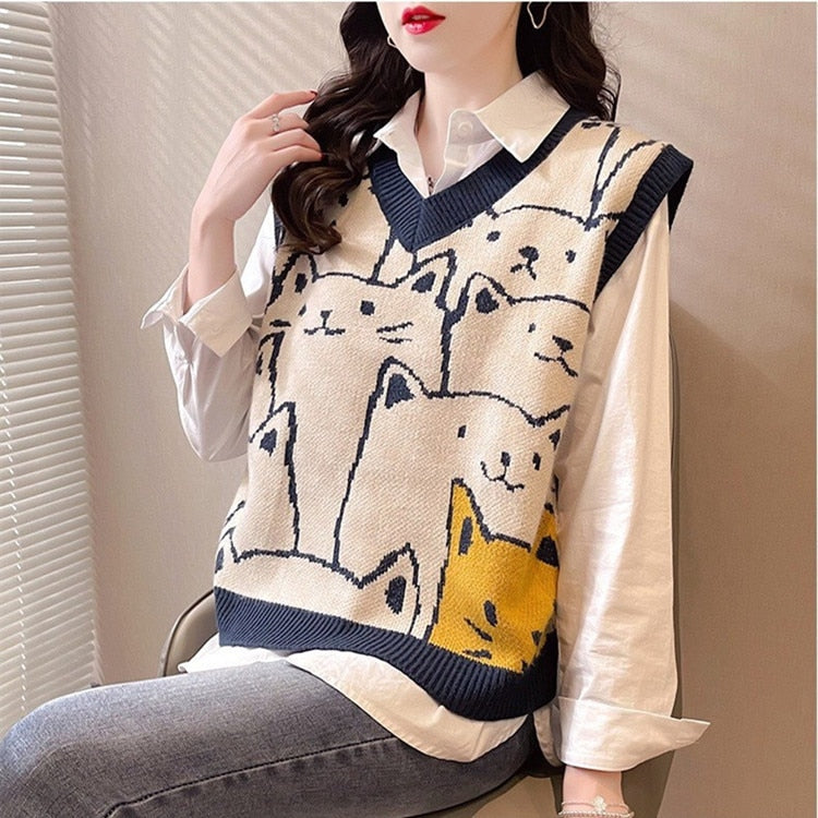 swvws Knitted Sweaters Women Fashion  Autumn Winter Casual Pullovers V-Neck College Style Cat Print Streetwear Knit Vest Sweater