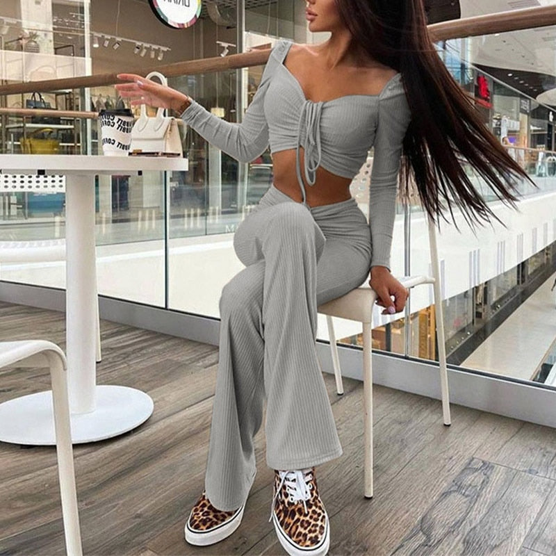 swvws Ruched Womens Set Skinny Crop Top Straight Pant Solid  Autumn Long Sleeve Square Collar Tee Wide Leg Trousers Lady Sexy Suit