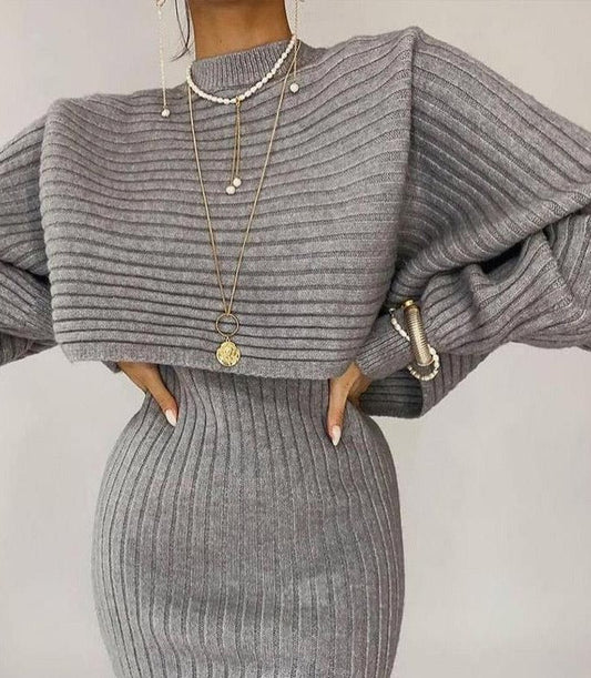 swvws Two-Piece Dress Sets Winter Women Knitted Dress Set Fleece Tracksuits Autumn Sweater And Tank Dress Elegant Outfit