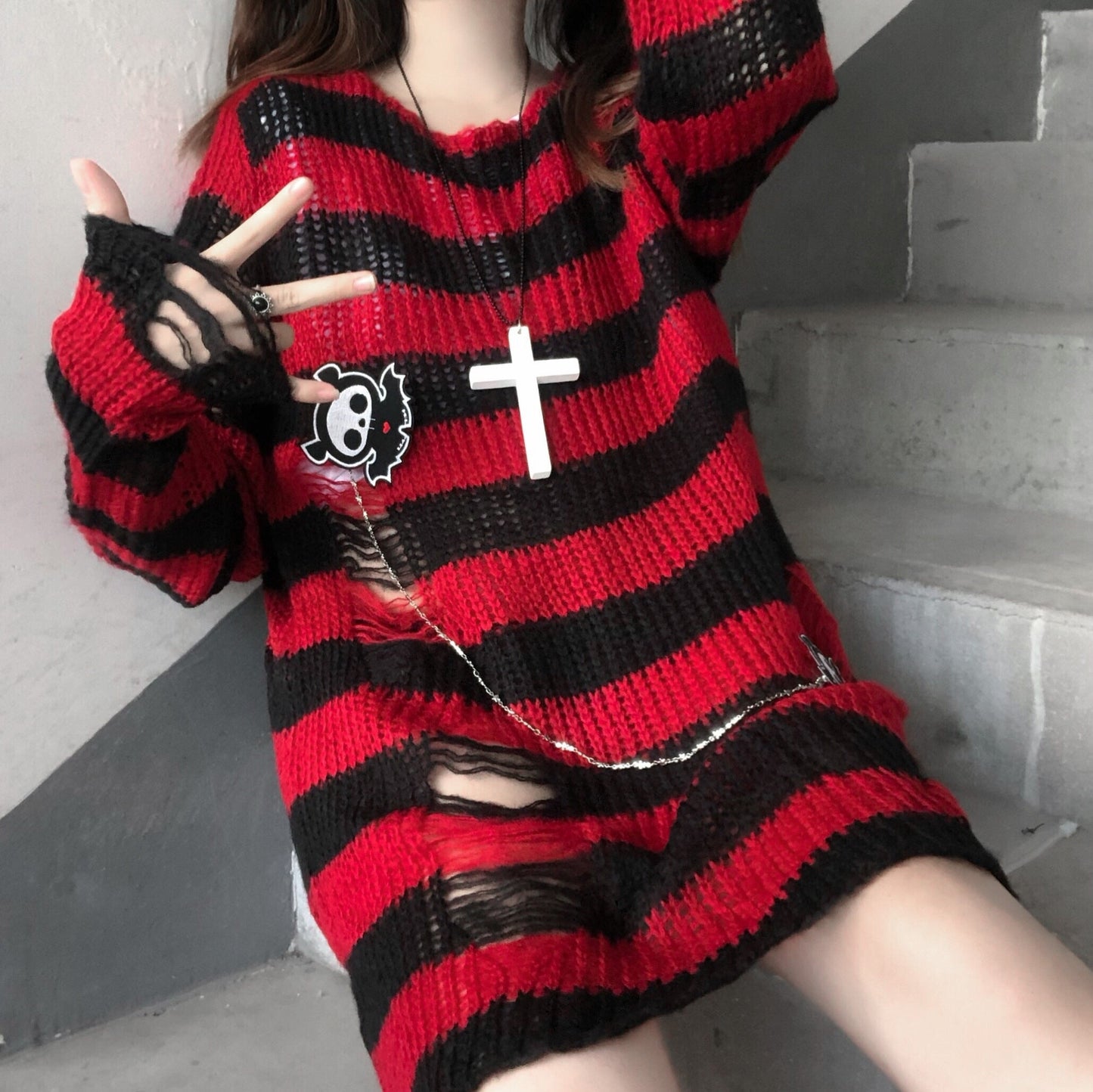 swvws Pink Striped Gothic Sweaters Women Ripped Holes Loose Knitted Pullover Frayed Fairy Grunge Jumpers Emo Streetwear Lolita