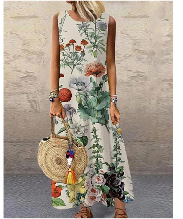 swvws Sundress Women Summer Dress  Printing Dress  Casual O Neck Loose Sleeveless Printed Floral Long Maxi Dress