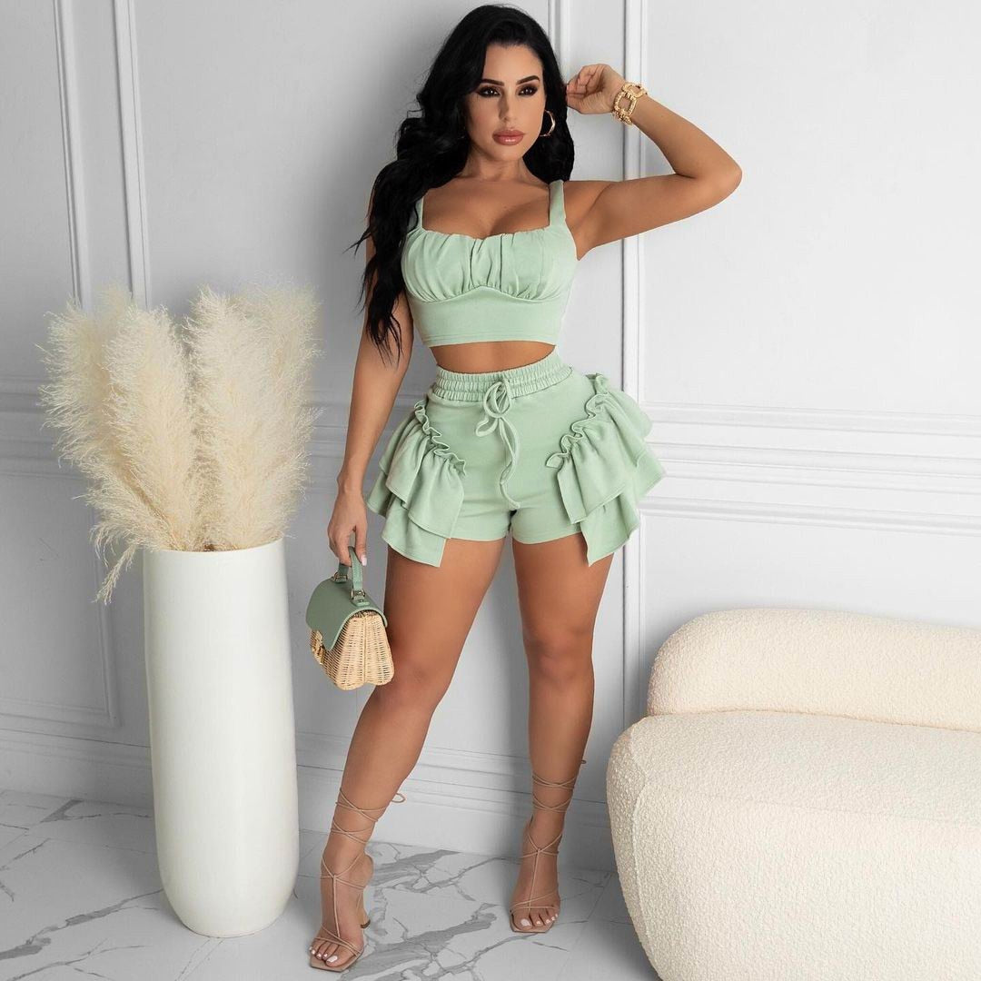 swvws Sexy Ruffles Shorts And Crop Top Women Summer 2 Piece Sets Fashion Club Vacation Outfits  Items