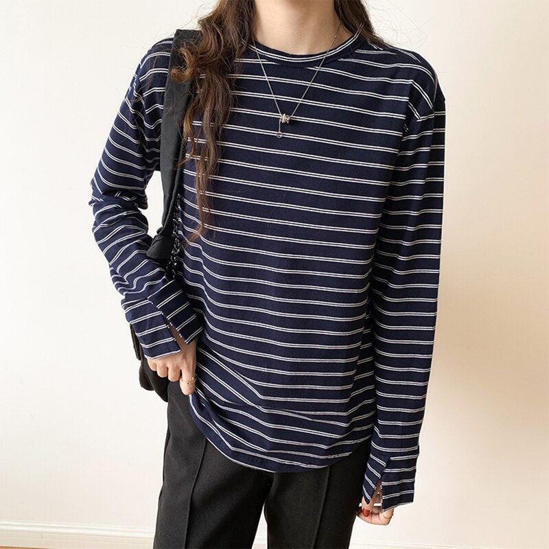 swvws New Fashion Korean Women T Shirt Vintage Basic Striped Loose Casual Tops Female Long Sleeve O Neck Thin Cotton Spring Autumn Tee