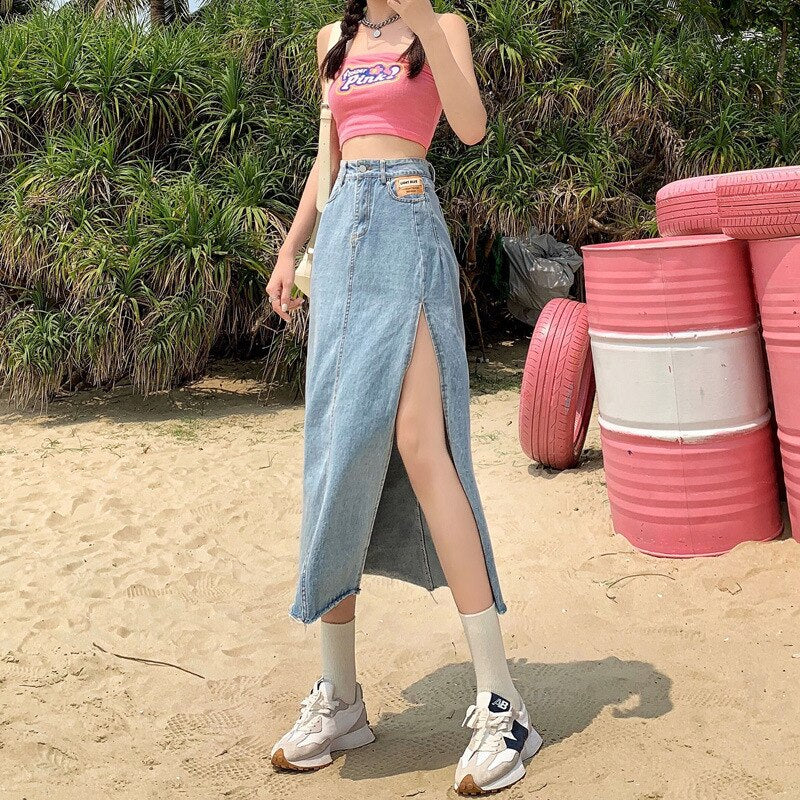 swvws Hem Single Slits Zipper A-Line High Waist Side Slit Denim Casual Long Skirt Female Summer  New Thin Girl Bag Hip Ins Tide