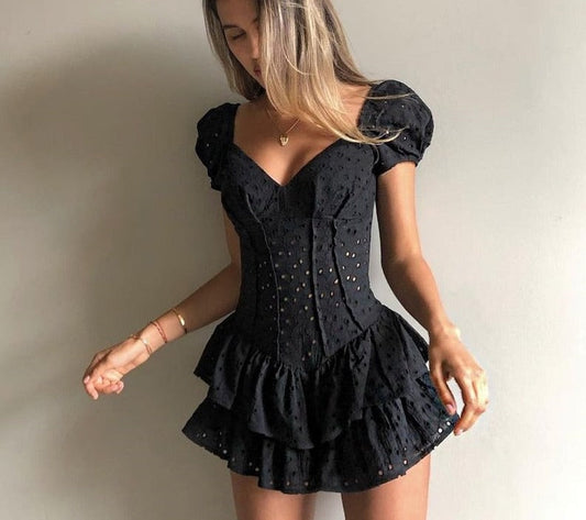 swvws Fashion V Neck Ruffles Pleated Dress Women Puff Sleeve Chic Black Summer Dress Party Hollow Out Vintage Corset Ladies