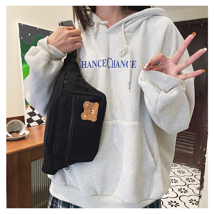 swvws  Japanese Kawaii Bag Women Corduroy Chest Bag For Women Cartoon Bear Waist Bag Large Capacity Crossbody Bags Purses Phone Bag