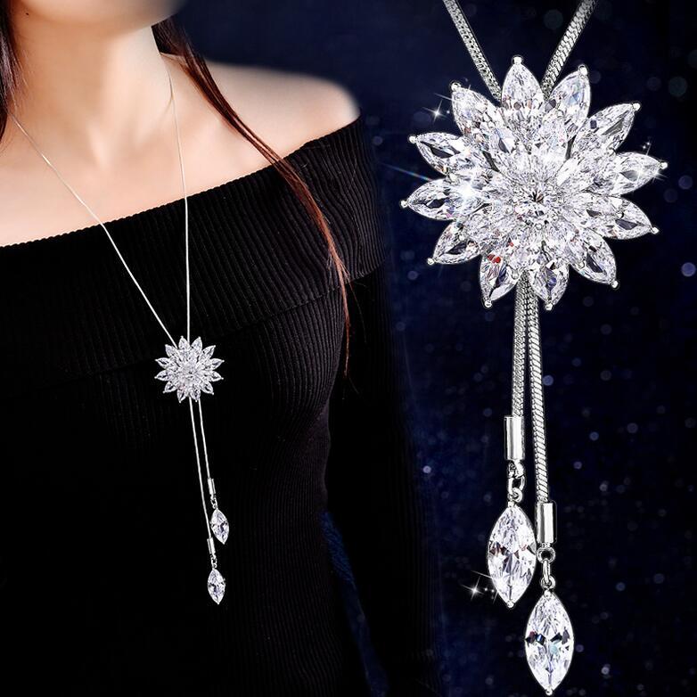 swvws Sunflower Crystal Pendant Necklace Women Fashion Blue White Rhinestone Long Chain Necklaces & Pendants Jewelry