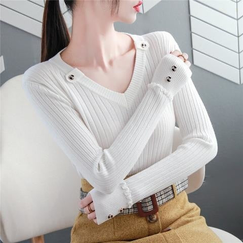 swvws  NEW Autumn Women Sweater Knitted Long Sleeve Casual V-Neck Pullovers Slim-Fit Tops Vintage Button Office Chic Sweater