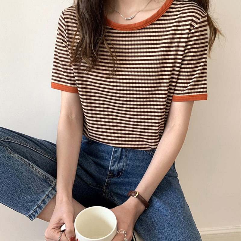 swvws Striped Vintage Short Sleeve T Shirt Women  Summer Korean Fashion T-Shir Soft Tops Tshirts Casual O Neck Tee Shirt Female