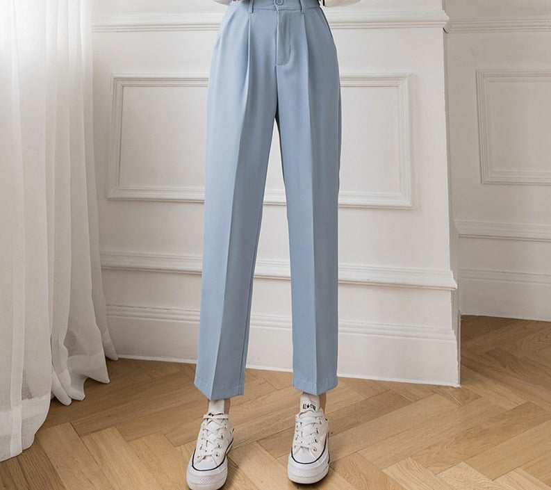 swvws High Waist Casual Blue Pants Female Pocket Zipper Apricot Suit Pants Women Autumn  Straight Loose White Trousers S-XL