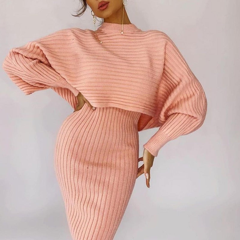 swvws Two-Piece Dress Sets Winter Women Knitted Dress Set Fleece Tracksuits Autumn Sweater And Tank Dress Elegant Outfit