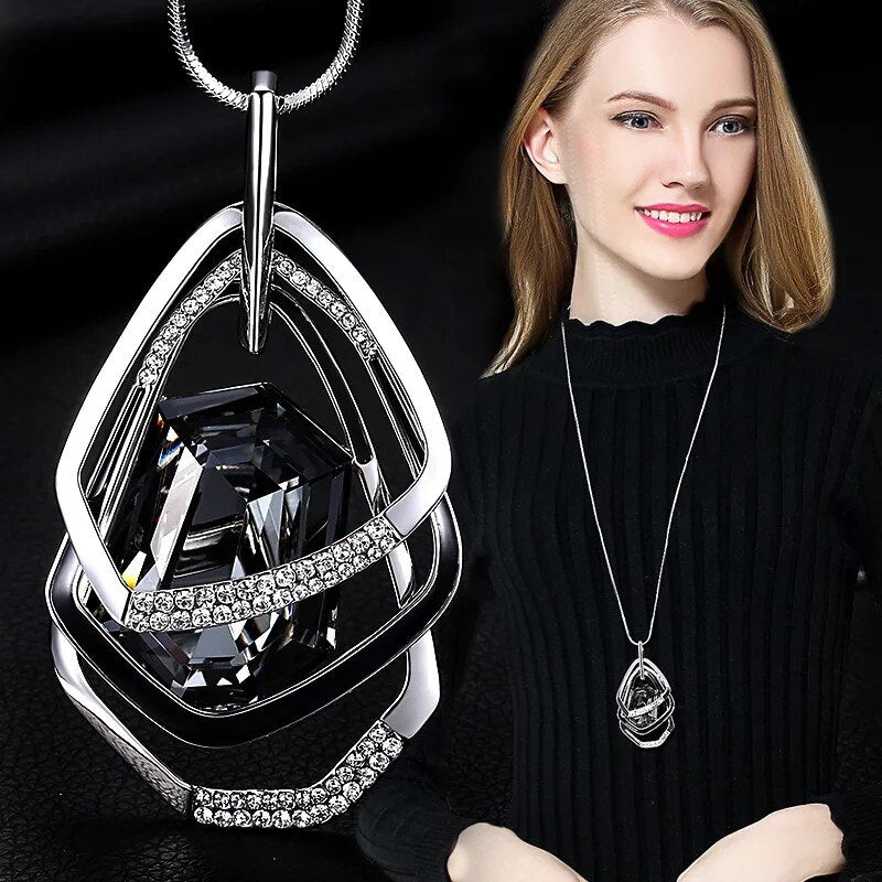 swvws Long Black Crystal Necklaces & Pendants Fashion Gold Silver Color Chain Rhinestone Geometric  Necklace Jewelry For Women