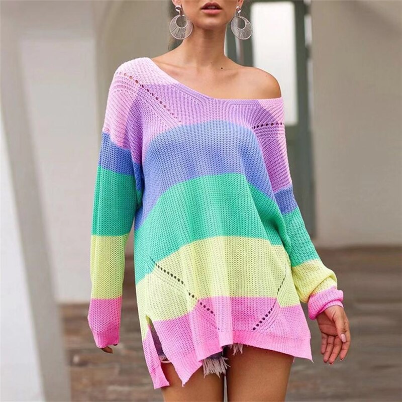 swvws Autumn Winter Pullover Striped Female Clothes Oversize Rainbow Sweater For Womens Casual Plus Size Multicolor Knitted