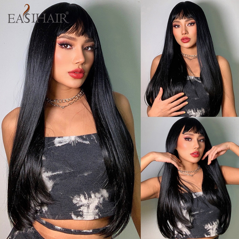 swvws  Long Black Wigs Cosplay Body Wave Synthetic Wigs With Bangs For White/Black Women Brazilian American Natural Hair