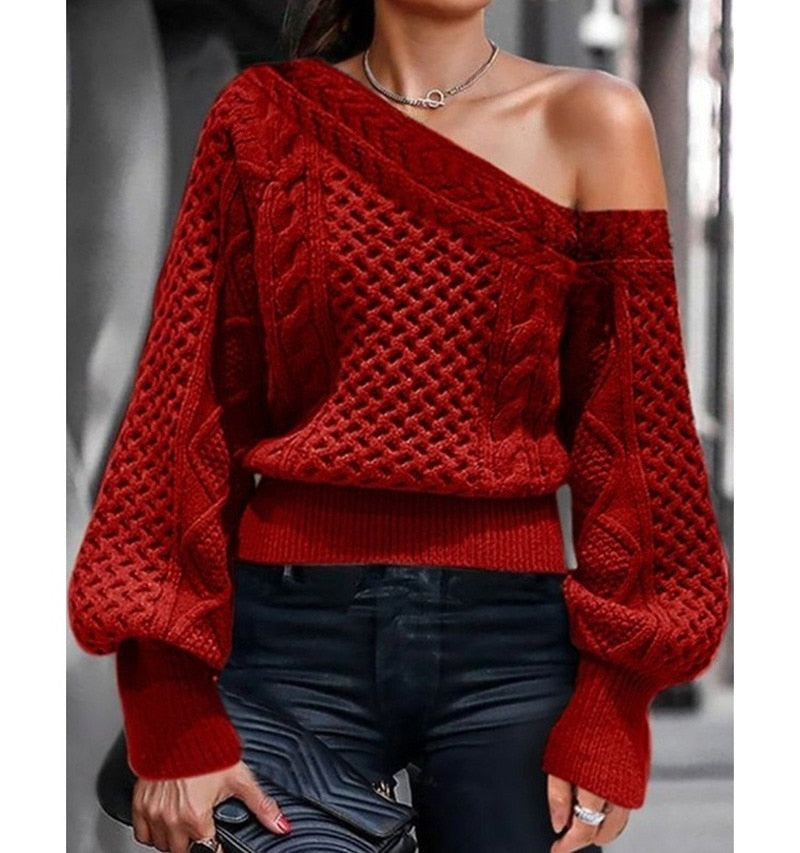 swvws Autumn And Winter Sweater Women's One-Neck Knit Off Shoulder Long Lantern Sleeve Loose Soft Pullover Long Sleeve Sweater