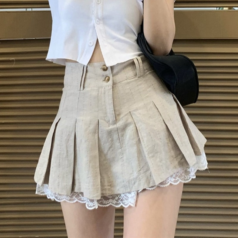 swvws Pleated Mini Skirt Women Summer Short Lace Trim Skirts Female Preppy Style Khaki High Waist Skirt Girl School Uniform Miniskirt