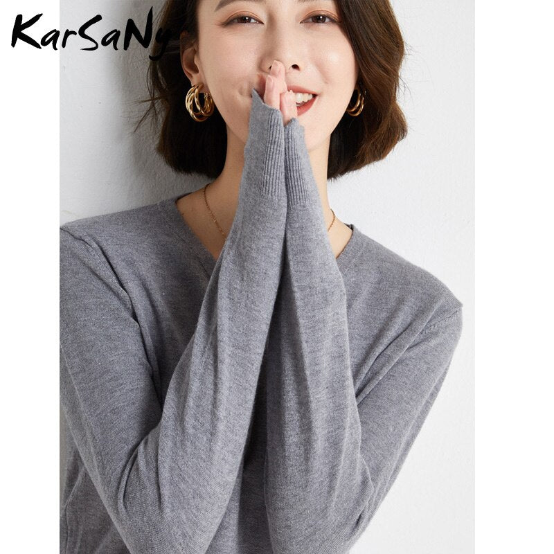 Back To School V Neck Sweater Pullover Winter Women  Solid Pulls Slim Knitted Top Basic Women's Sweaters Autumn Women Cashmere Jumper Woman