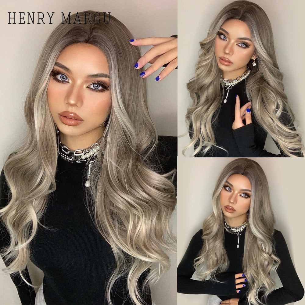 Long Ombre Brown Light Ash Platinum Blonde Wavy Wigs Cosplay Party Synthetic Wig for Women High Temperature Fibre