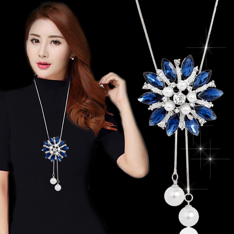 swvws Fashion Long Chain Sweater Necklaces & Pendants for Women Blue Opal Rhinestone Flower Pendant Necklace Female Jewelry