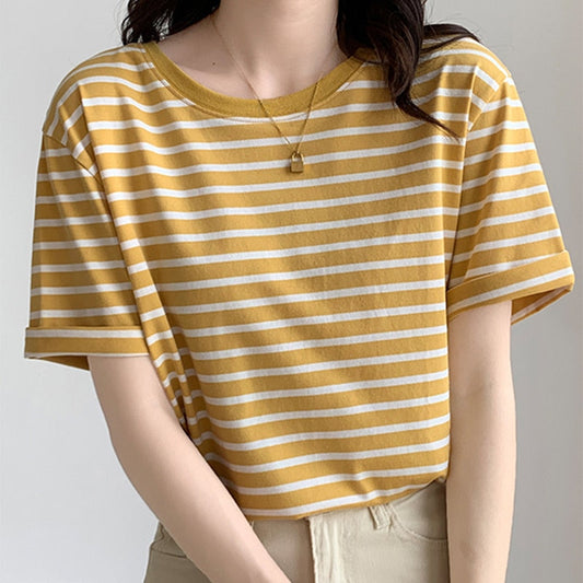 swvws Summer New Striped T Shirt Women Fashion Korean Loose Tshirt Top O Neck Casual Basic Tee Shirt Female Short Sleeve Tee T-Shirt