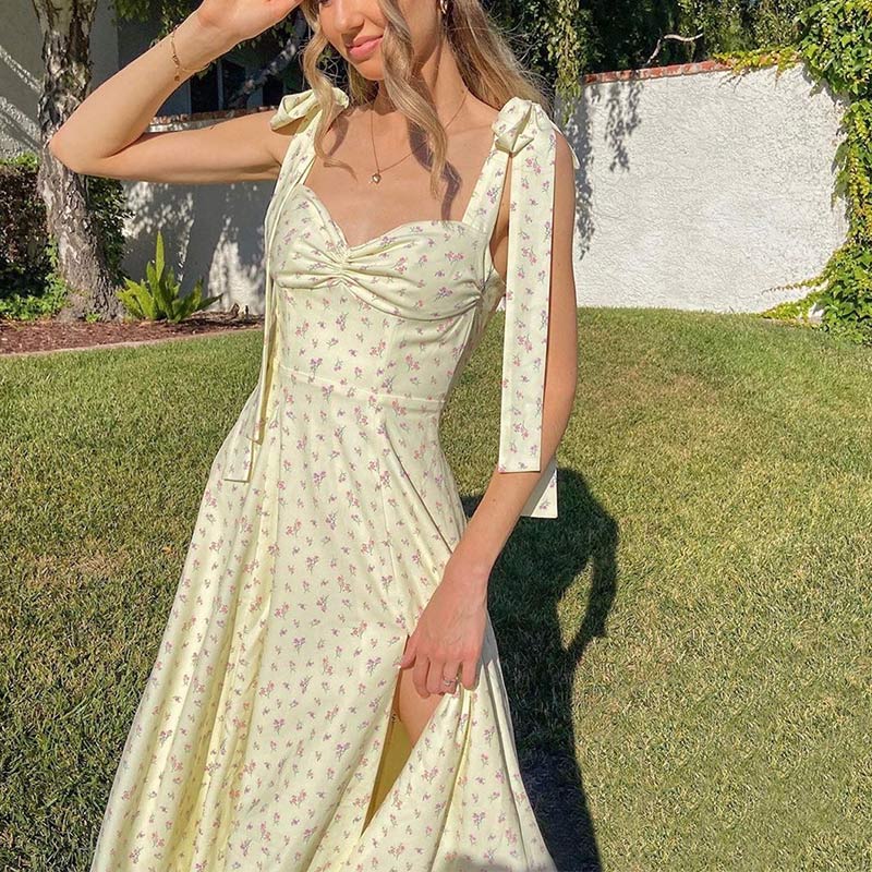 swvws Floral Print Shouders Knotted Dress Women Fine Brides Sexy Split High Waist Long Dresses Female  Summer Sweet Lady Clothes