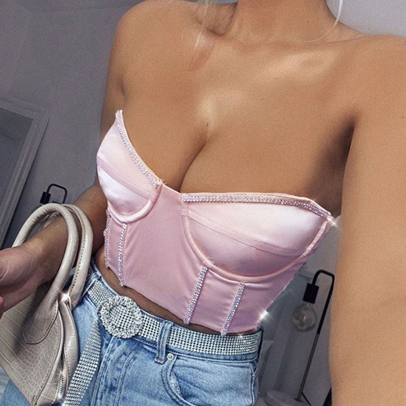 swvws  Patchwork Sexy Bustier Corset Crop Top Women Sleeveless Off Shoulder Purple Satin Bandage Tank Top Summer Club ASVE82591