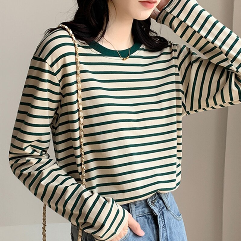 swvws Striped Vintage Long Sleeve Women T Shirts O Neck Loose Thin Tops Female All-Match Basic Spring New Fashion T-Shirt Tees Femme