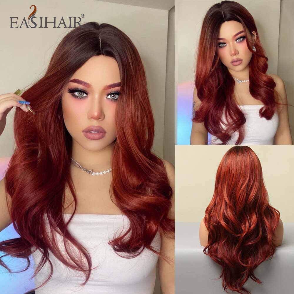 swvws Ombre Brown Mixed Purple Blonde Long Synthetic Wave Wigs For Women Heat Resistant Colorful Fiber Cosplay Lolita Wigs